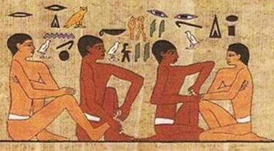 Un pictograme égyptien montrant des massages de pieds et de mains